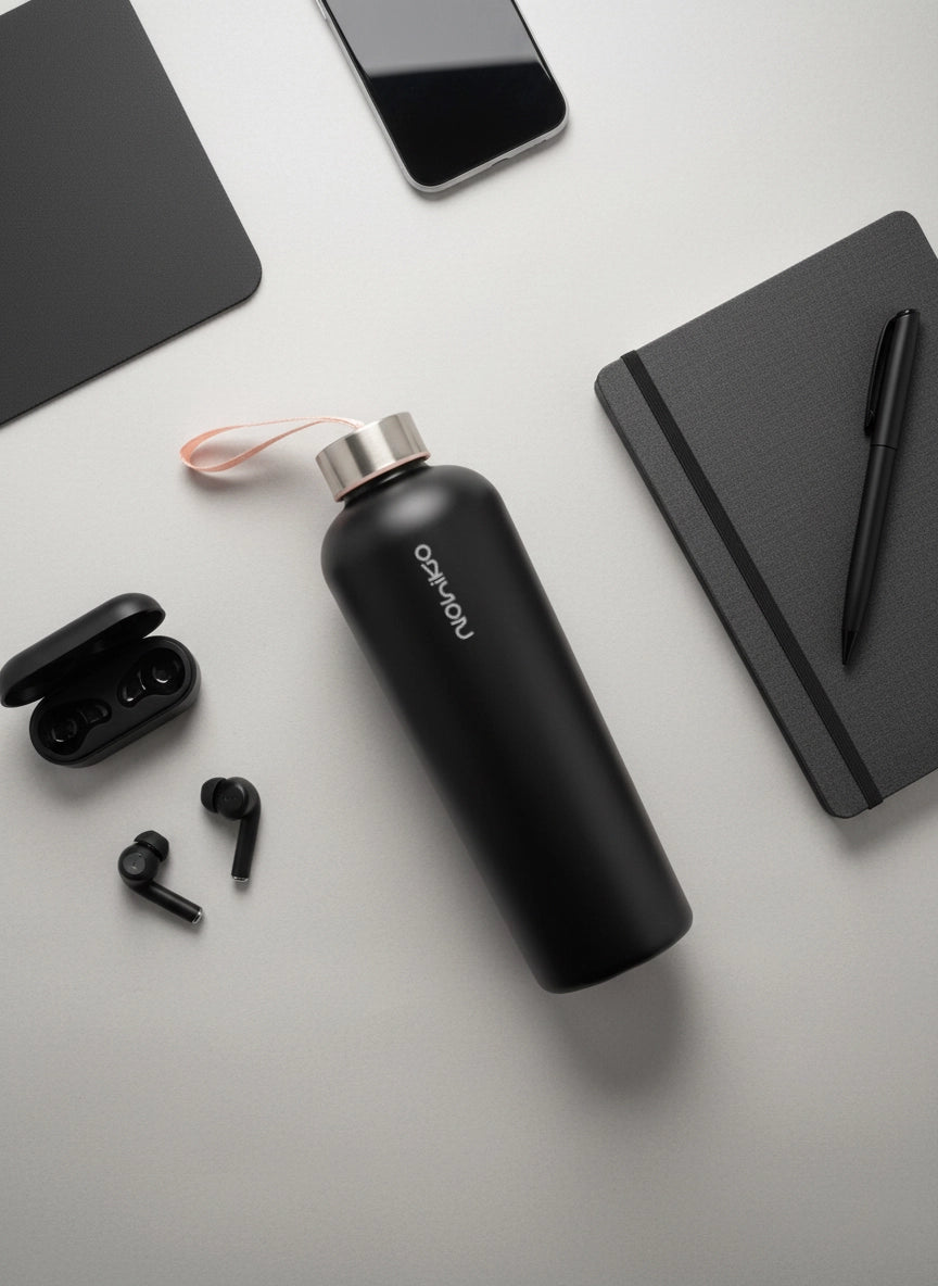 Matte Black İpli 1000 mL Cam Matara