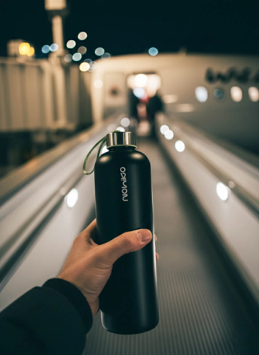 Matte Black İpli 1000 mL Cam Matara